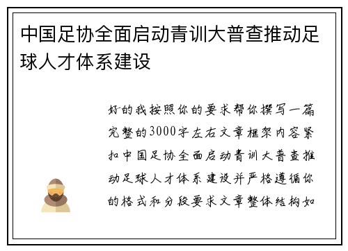 中国足协全面启动青训大普查推动足球人才体系建设
